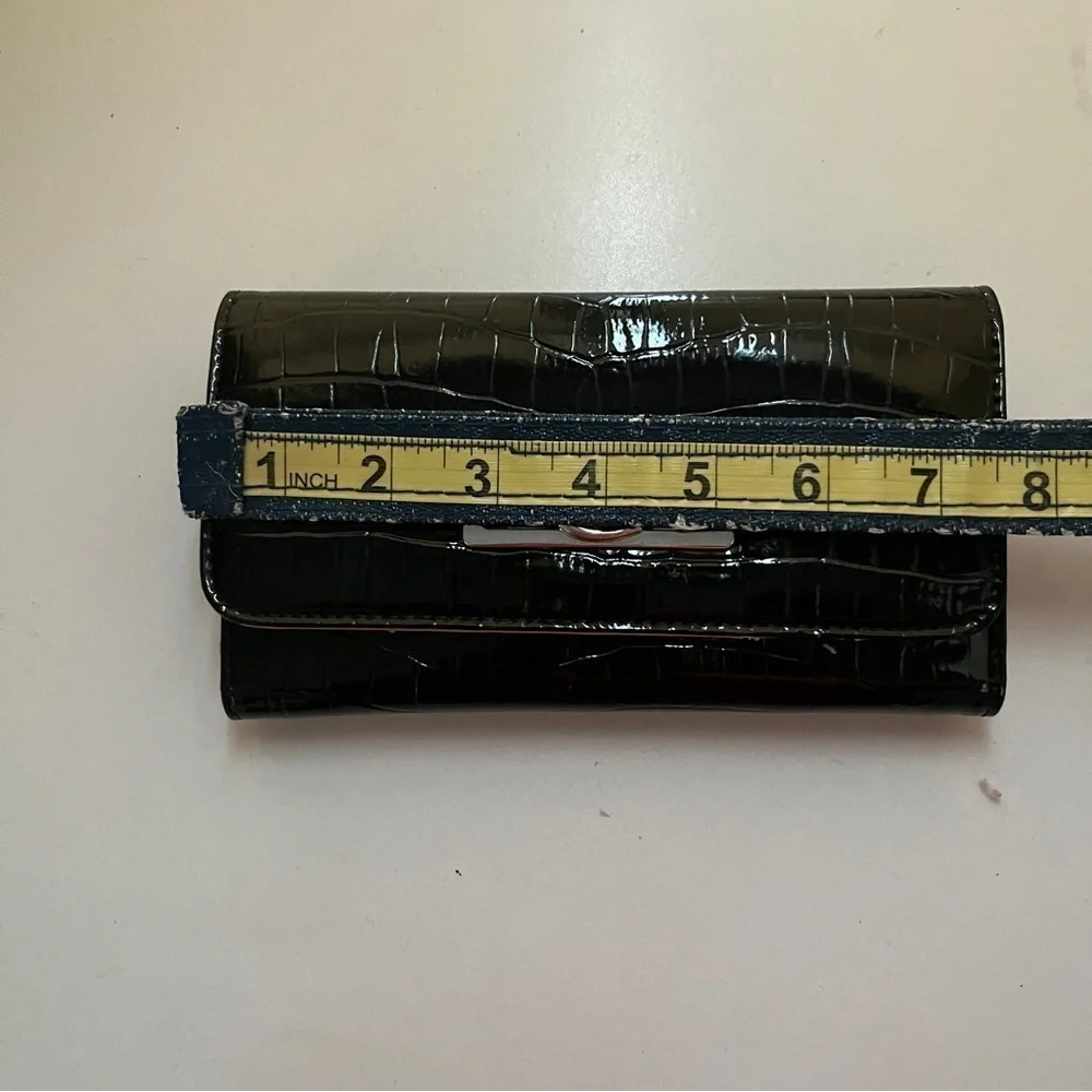 Guess Black Croc-Embossed Wallet with Silver Logo Clasp – 7” Width